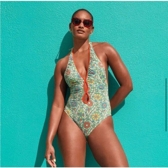 Rhode Zinnia Floral Print  One Piece Swimsuit size XL Green Halter High Leg Chee - Picture 3 of 9
